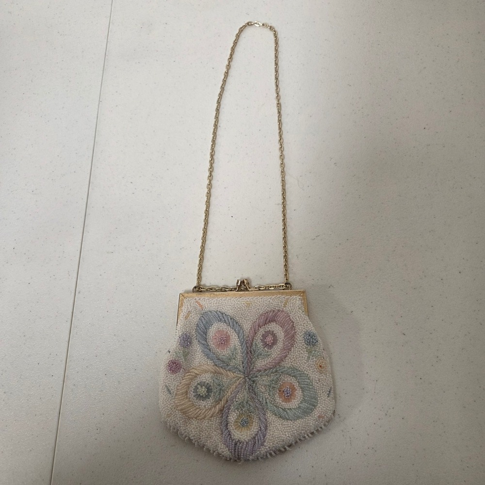 Vintage Mister Ernest Beaded Evening Bag White Pastel Floral Kiss Lock Hong Kong
